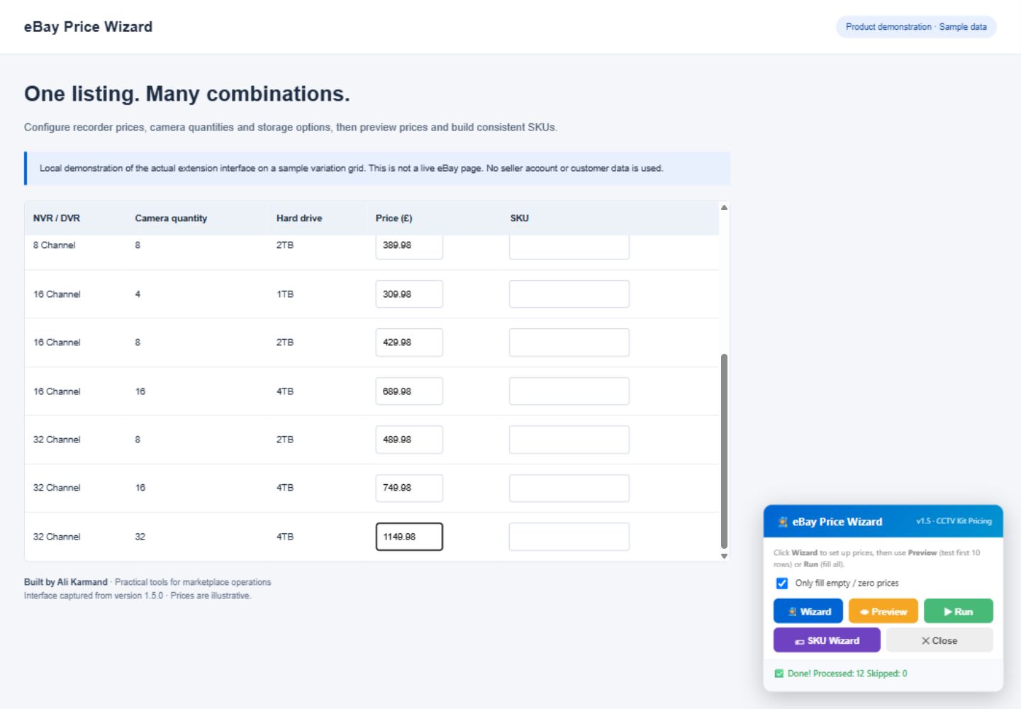 eBay Price Wizard calculating CCTV variation prices on a labelled sample grid